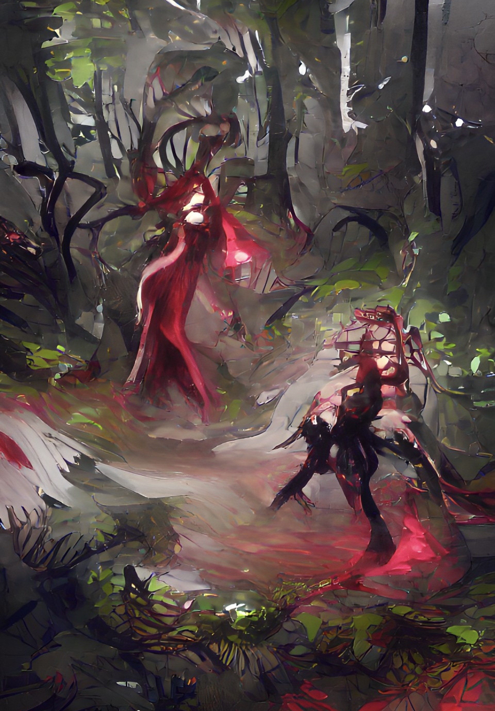 Digital painting of a Dryad & Norse Deity defeating demons in the woods. 