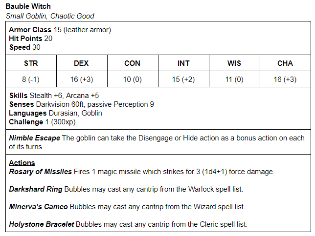 Bauble Witch Stat Block