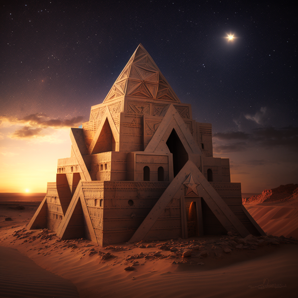 A tiered, ziggurat-shaped building that rises to a point, set in a desert with a bright sunset visible to the left, a few clouds, and a smattering of stars towards the top and right sides of the sky.