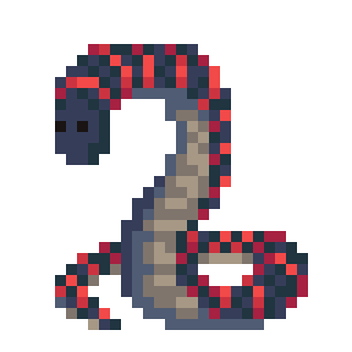 Animated pixel art of a long-nosed ringtail snake. It's dark blue with a light grey underbelly and has red ring patterns on its body. It's flicking its forked tongue!