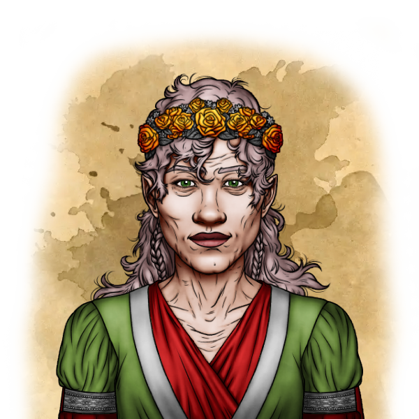 Elderly halfling woman Apsia Fairkettle, smiling and with a wreath of flowers in her hair