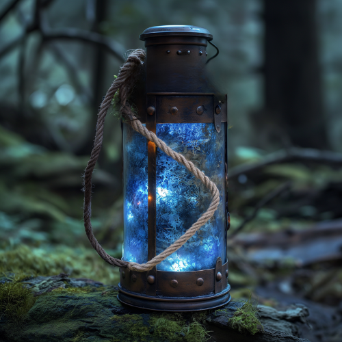 A lantern full of glowing, blue, bioluminescent lichen