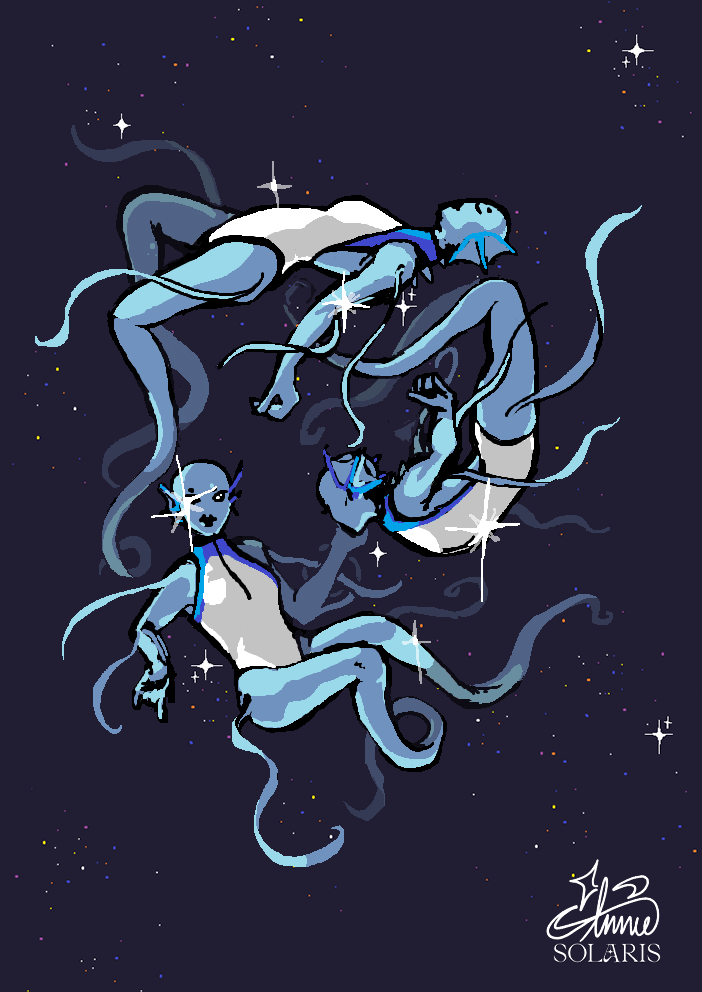 An illustration of Blue NM-2; a blue humanoid alien floating in space. It has ribbon-like appendages that swirl around it. There's three of it, but they're all the same. They form a triangle or circle with their bodies.