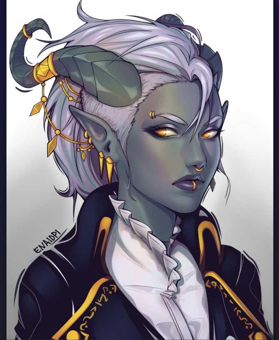 Chaotic neutral tiefling sorceress Silver Dragonblooded.
