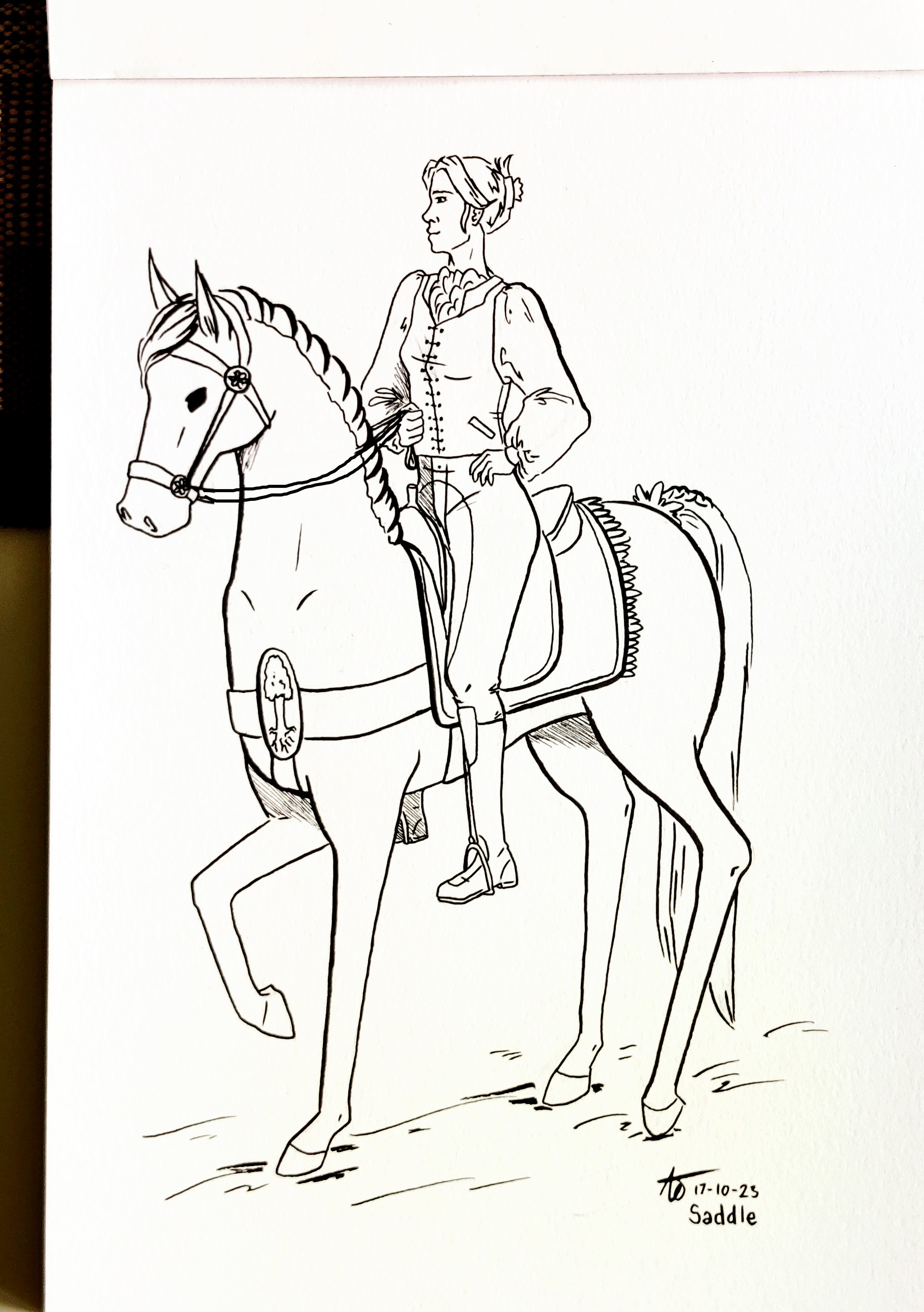 A drawing in ink picturing a young woman on her horse. She is dressed in a fine vest and her hair is up. The horse has a decorated bridle and saddle.