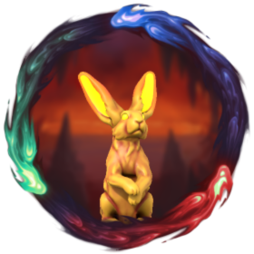 A fiery rabbit with glowing eyes, in a fiery background and frame