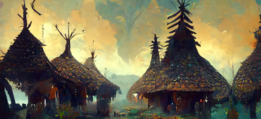 A painting of tribal dwellings with half onion domed roofs.