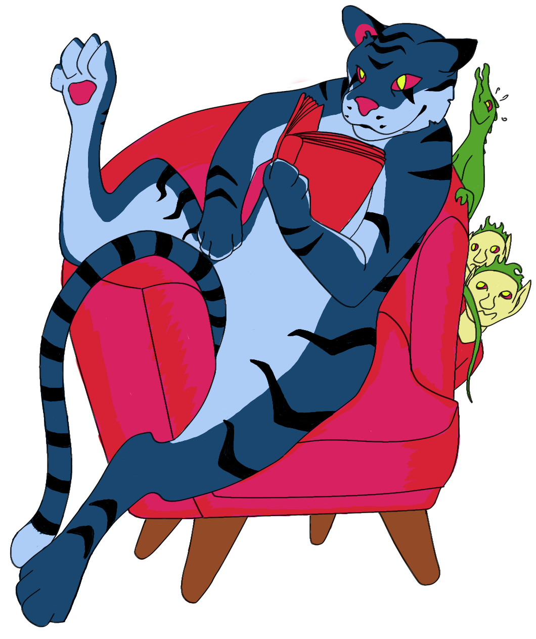 A blue-colored tiger sitting in an armchair reading while bothered by the reptile reflex and brain goblins.