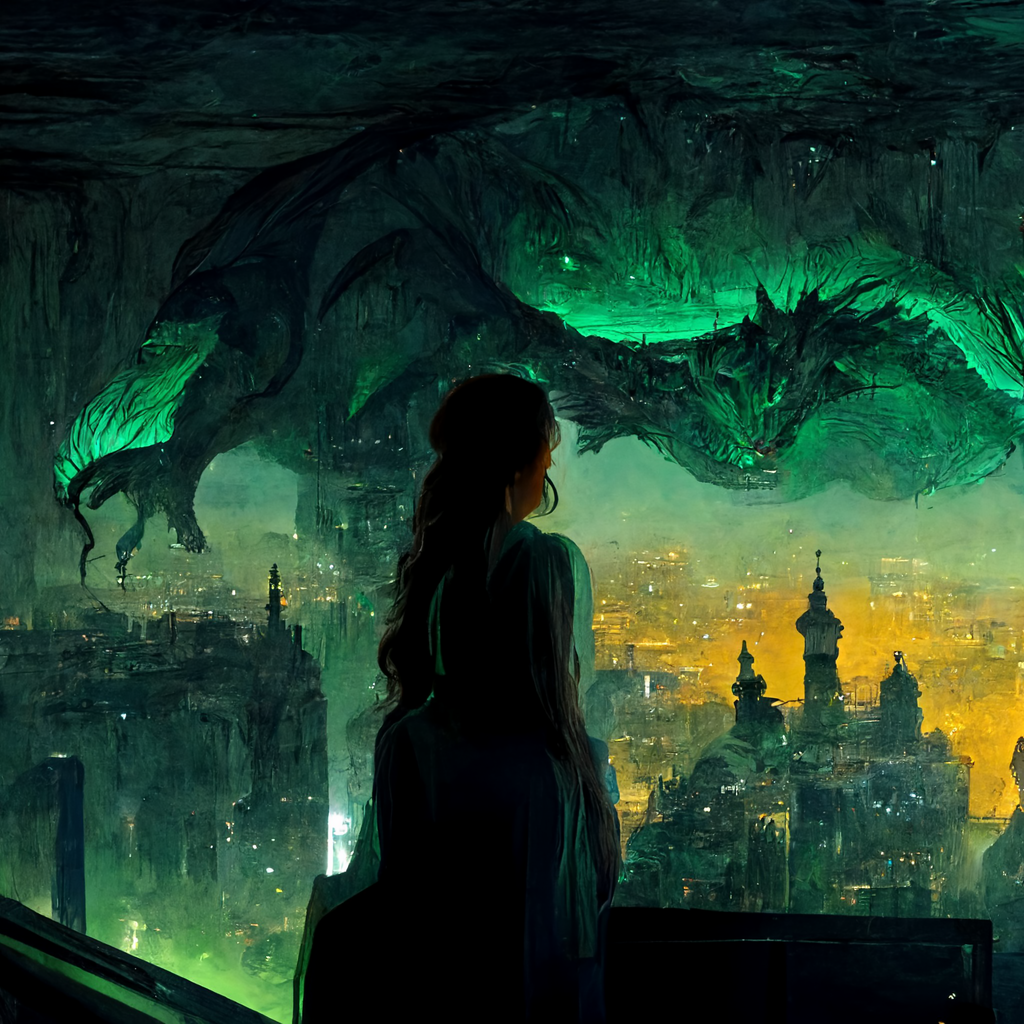 a woman on a balcony looking down on a city in a cave with a dragon beside her