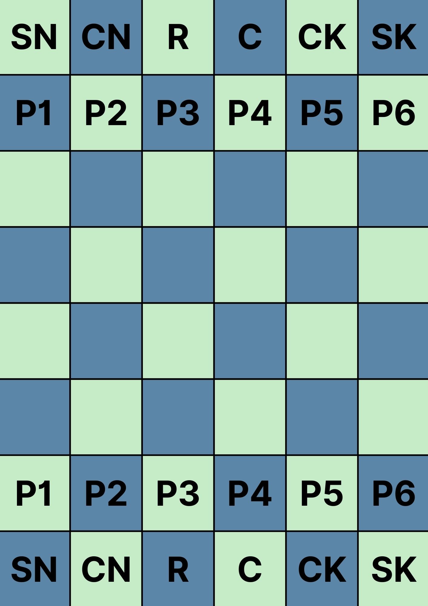 A six-by-eight blue and green checked board showing the starting position for mage's chess pieces.