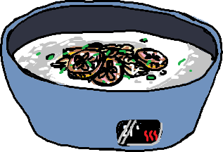 Illustration of a bowl of congee. It is topped with dawnfruit. The bowl is electronic and has controls to set a preferred temperature for the food.