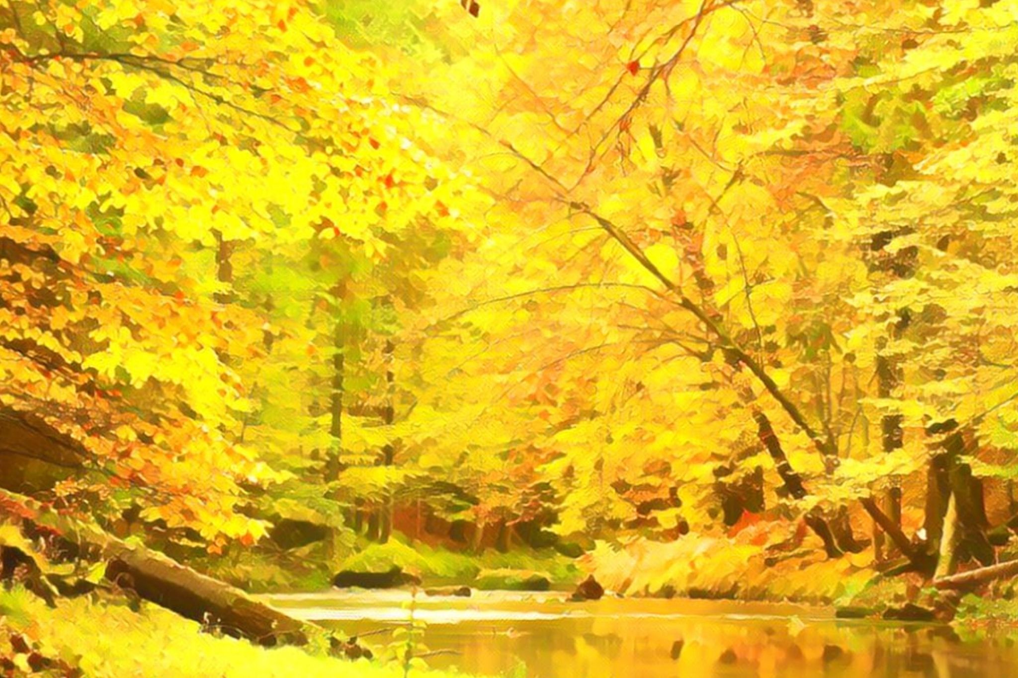 yellow trees over river - stylized painting
