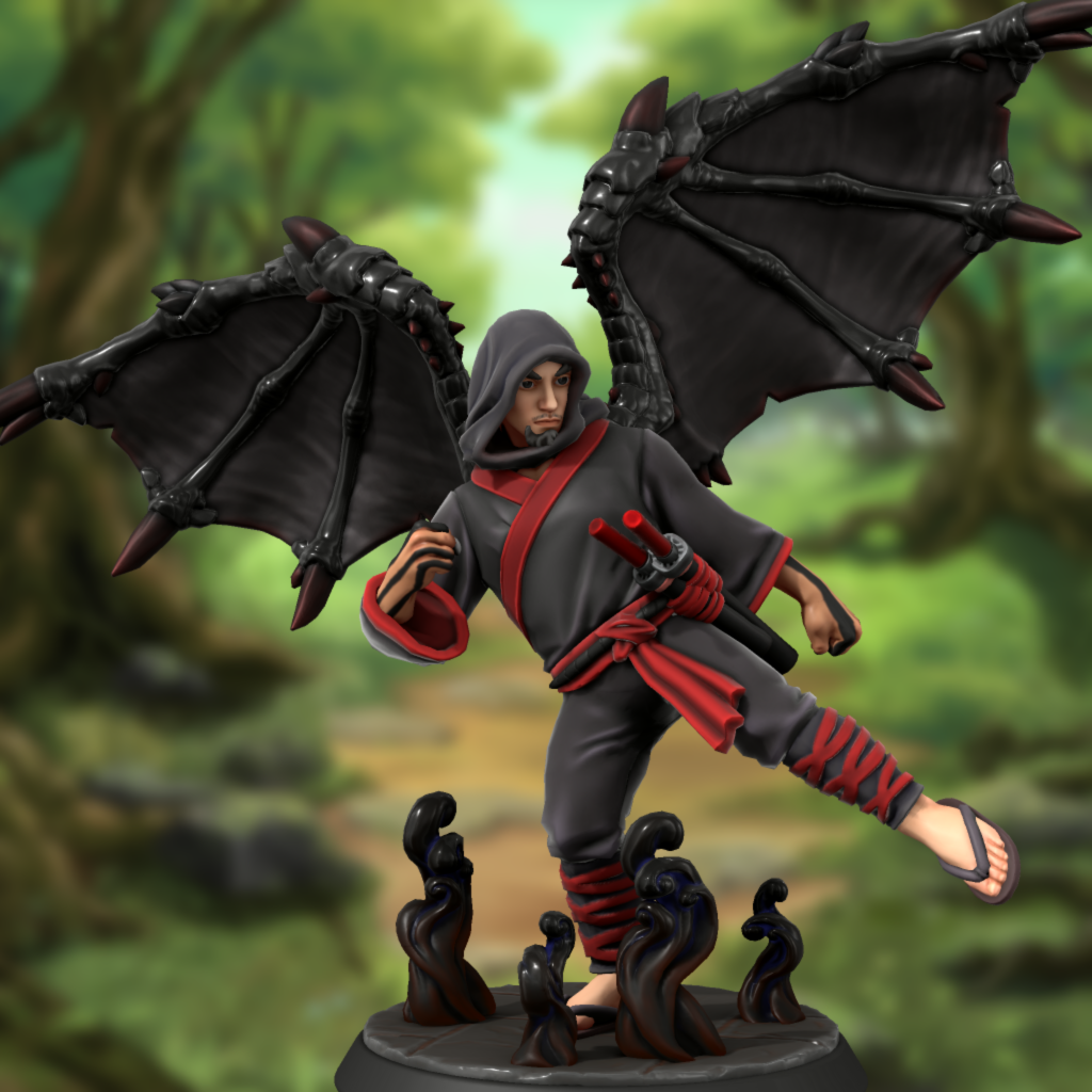 A dark-haired, slightly greying man with black dragon wings, in black and red martial arts garb, against a woodland background, with dark wisps rising up from the ground
