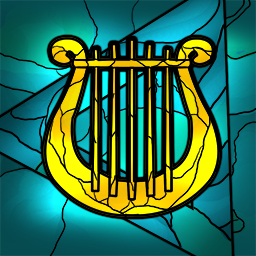 golden lyre in front of turquoise stained glass