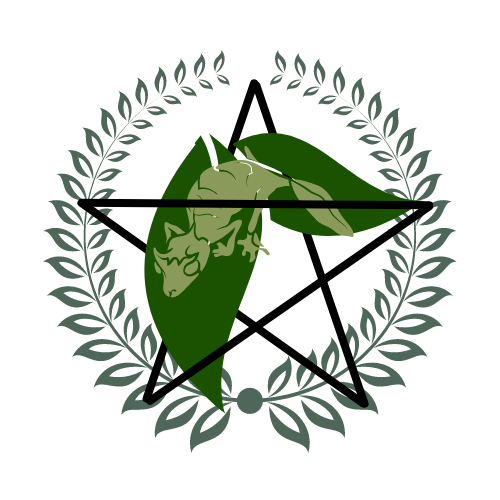 A leaf tailed lizard resting on a leaf inbetween a pentagram surrounded by a laurel.