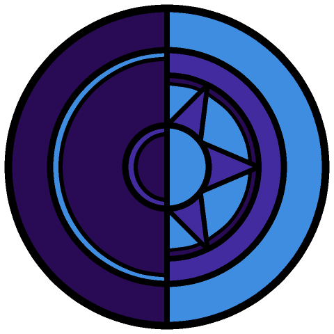 Black line art of a moon symbol colored with cyan and blue