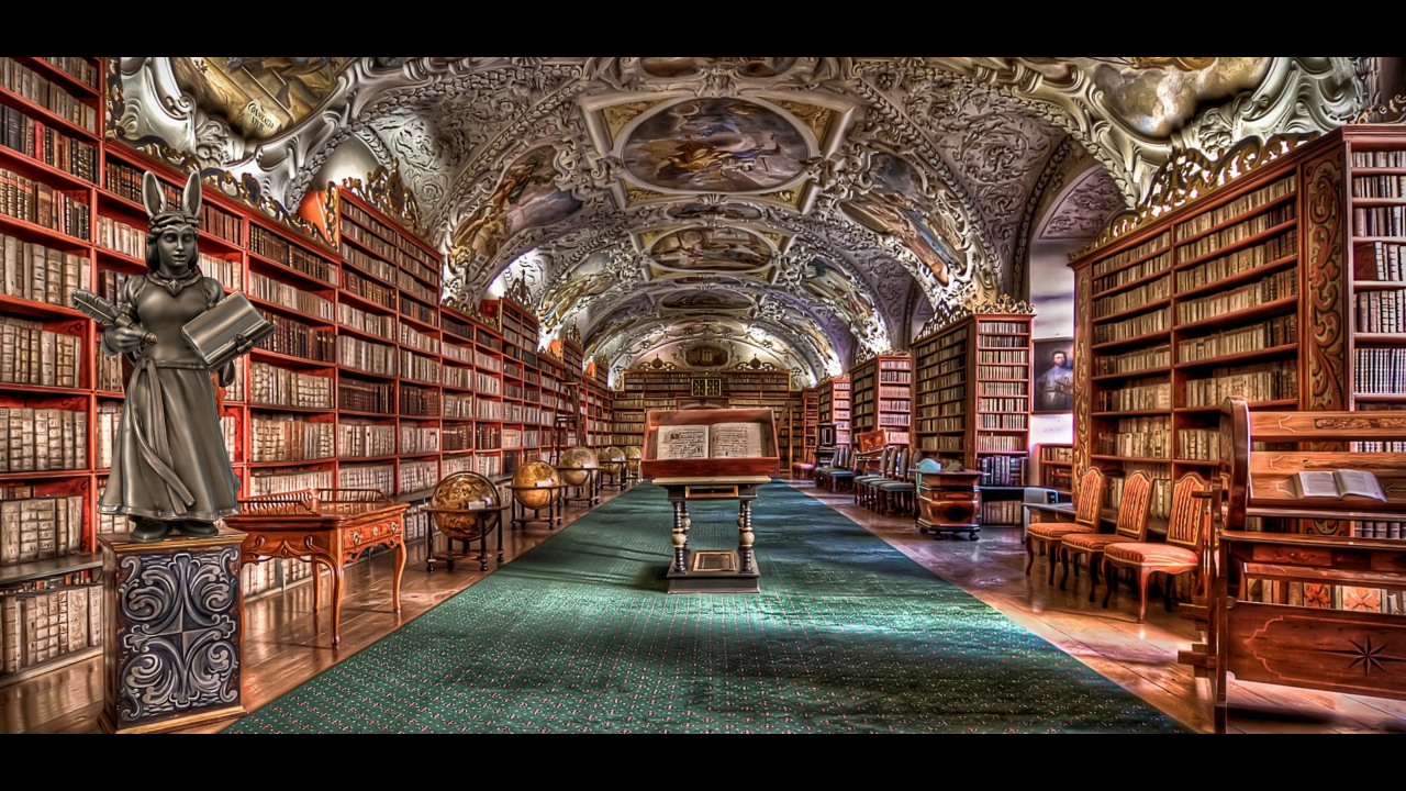 A vast library with a green carpet, old fashioned wooden shelves and an elaborate vaulted ceiling, a bronze statue of a woman with rabbit ears, and a book stand in the center