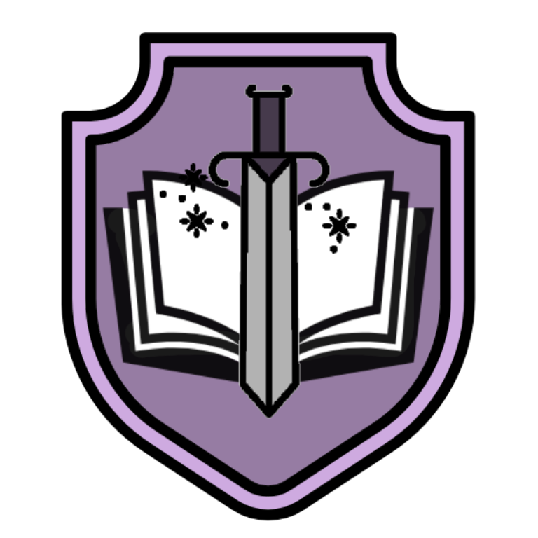 A light purple shield, the center of which shows a sparkling sword laying over an open book