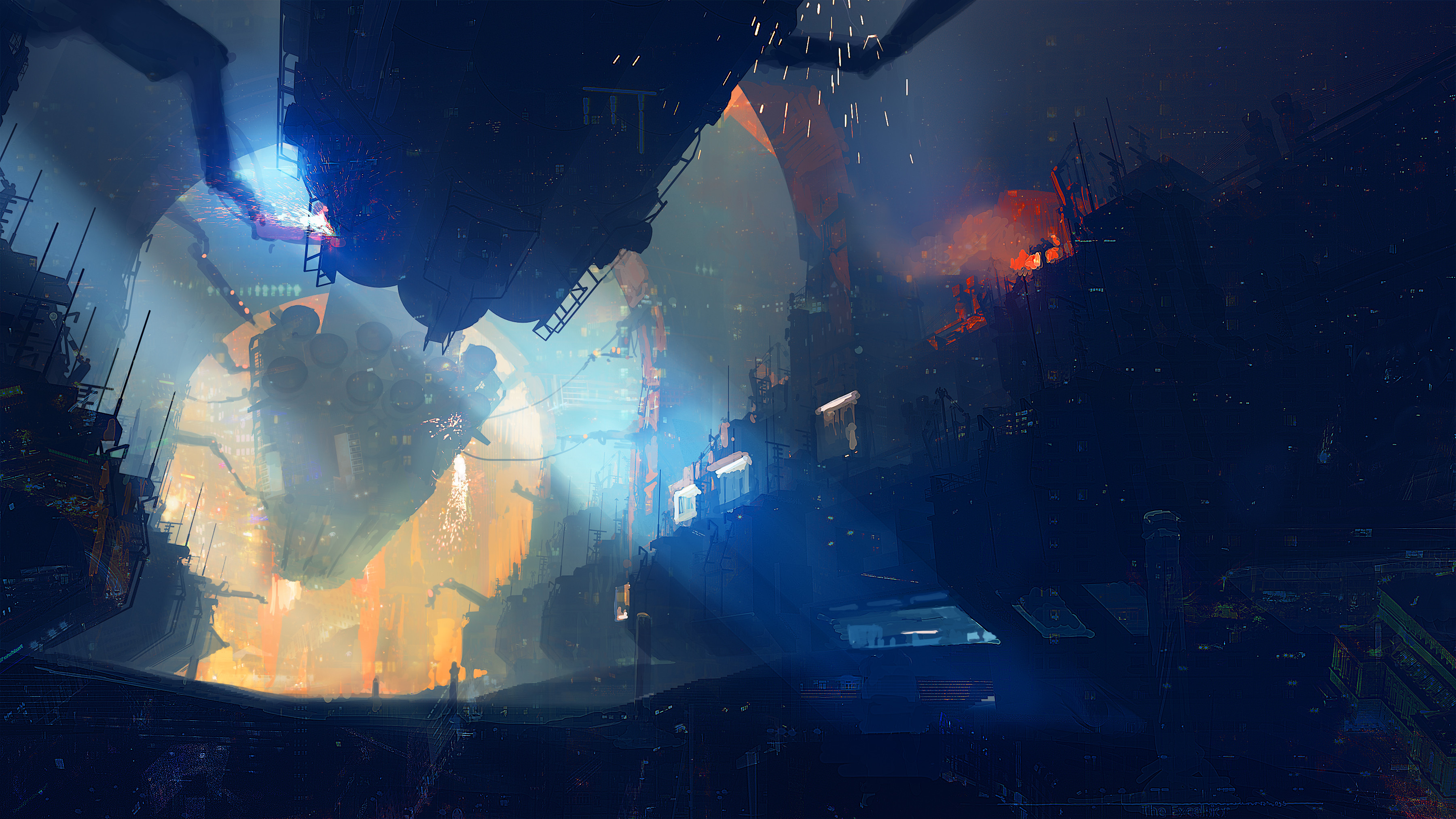 Artwork of a sci-fi drydock. Several ships are being worked on. The end of the workspace is open, leading to an orange-tinted cityscape.