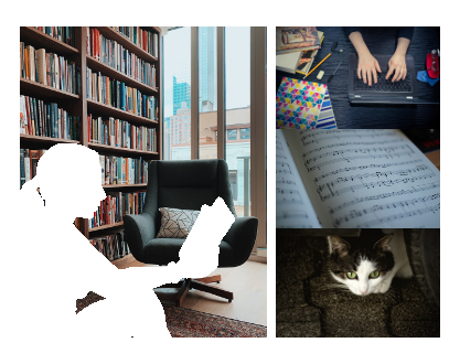 Left: A reading room, behind the silhouette of a woman reading. Left: woman writing in a laptop, open music score's book, hiding cat.