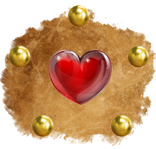 Gem-like heart surrounded by five golden balls in a pentagonal shape, on a parchment background. Symbol of the goddess Astorath.