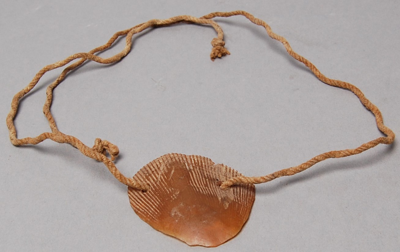 A single pangolin scale threaded with cord to make a necklace or bracelet