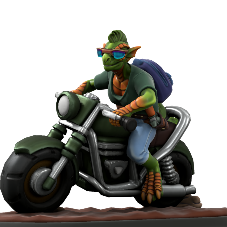 A half-dinosaur person on a motorbike