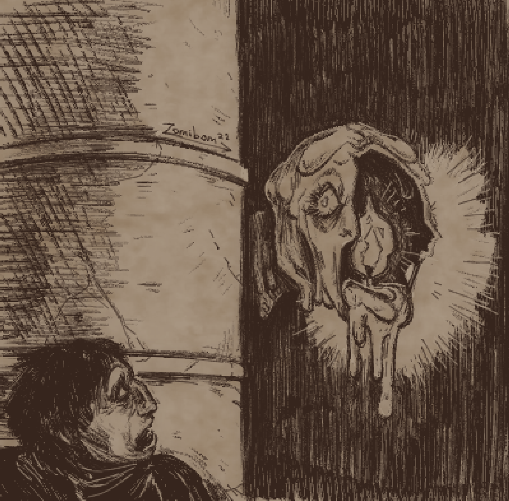 Sketch of horrified man behind segmented pillar. A creature with a melting wax body looks out from behind the pillar, its face sloughing off to reveal a candle