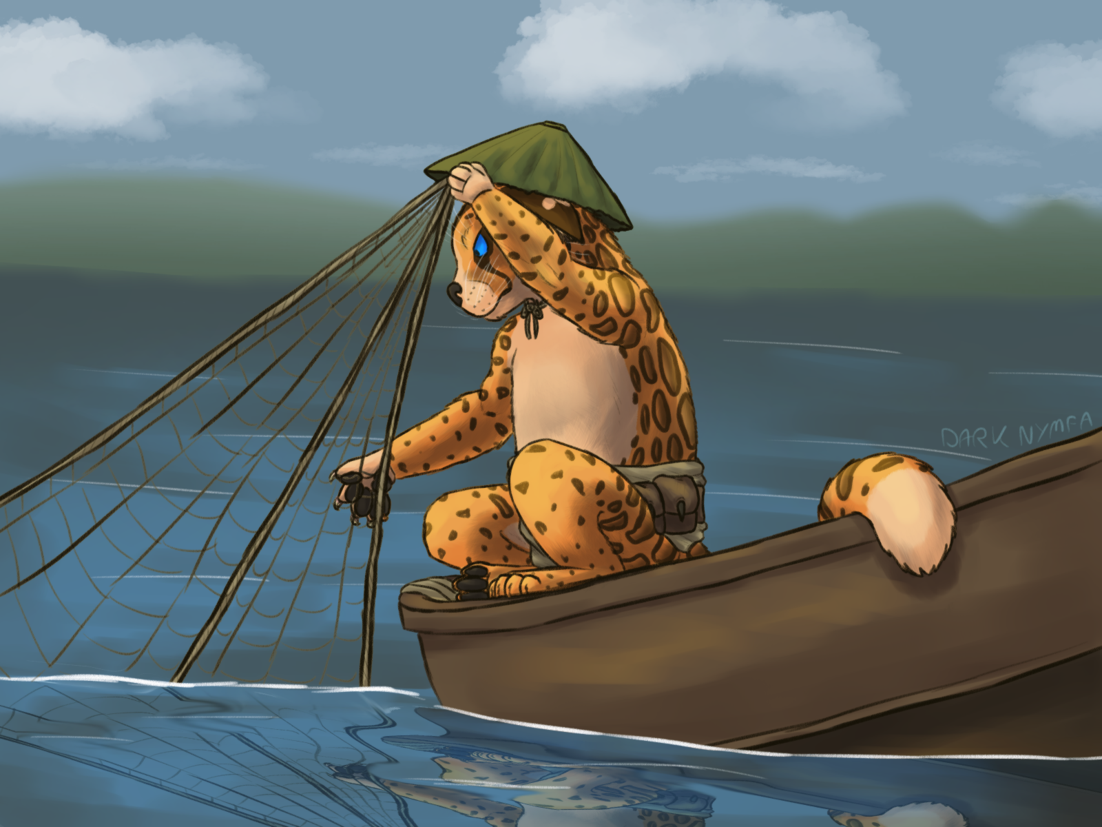 Painting of a cat-like mekki in a boat on the open water, pulling in a large but empty net.