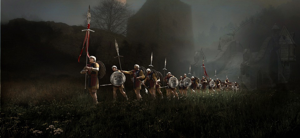 A medieval army marching out of a castle