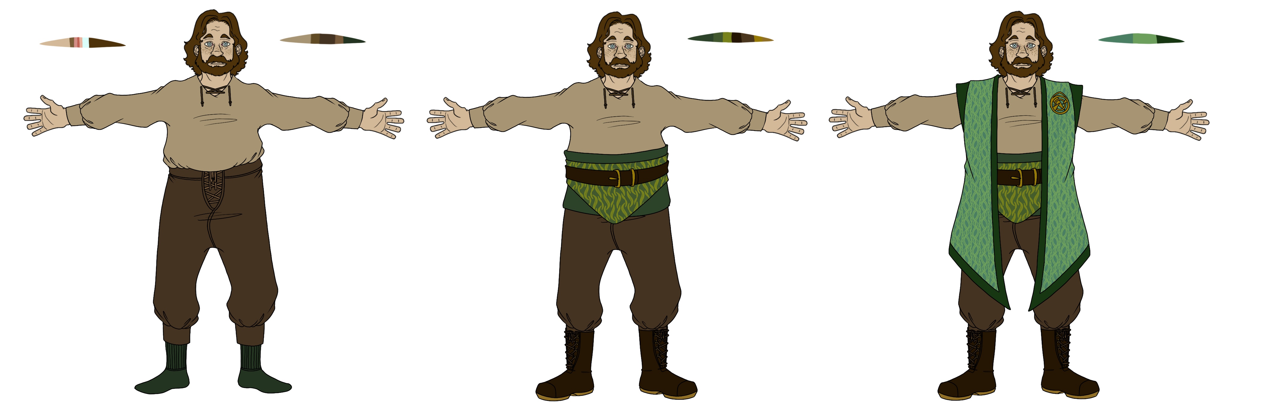 An illustrated reference of a white man showing the layers of a medieval style outfit.