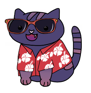 A purple cat in red Hawaiian shirt and shades
