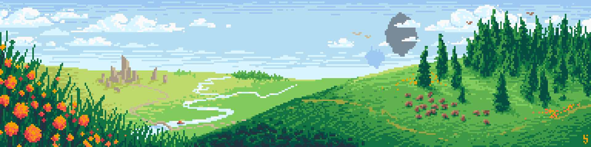 Bright pixel art landscape showing the rolling hilly landscape of Zendu. Orange flowers bloom in the foreground as a meandering river courses into the distance. Creaures graze beside a forest of tall, spindly fir trees. Floating rocks loom in the sky.