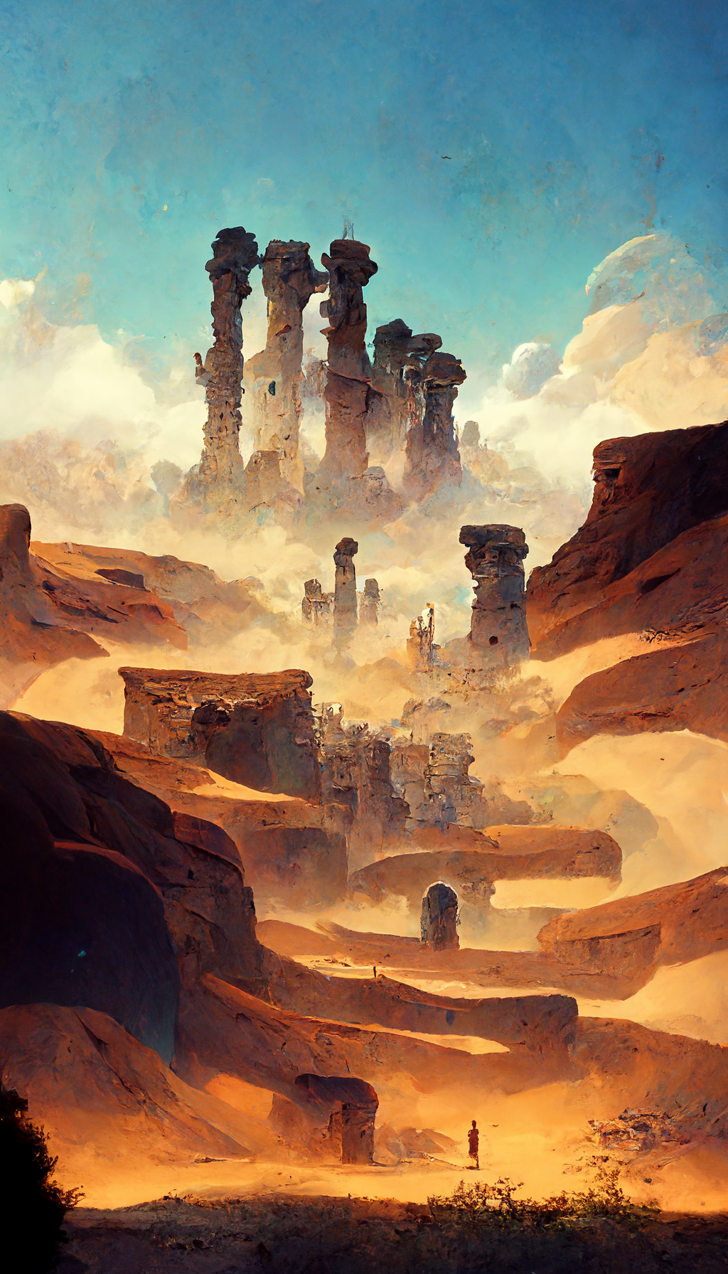 Ruins rise up from the sand of a desert landscape.