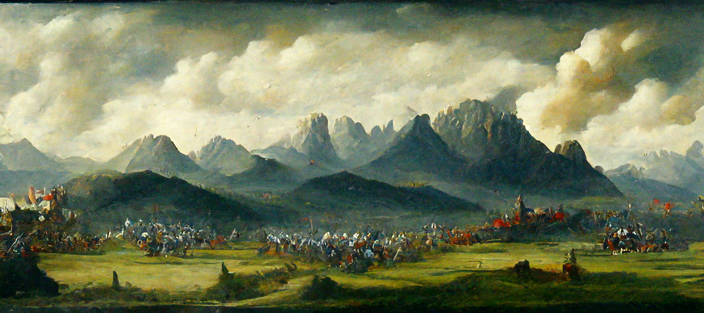 Digital painting style of a mountain landscape and a battle on the grasslands