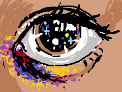 Illustration of an eye with bright starlike lights in it. The tear duct and eye bags are bruised.