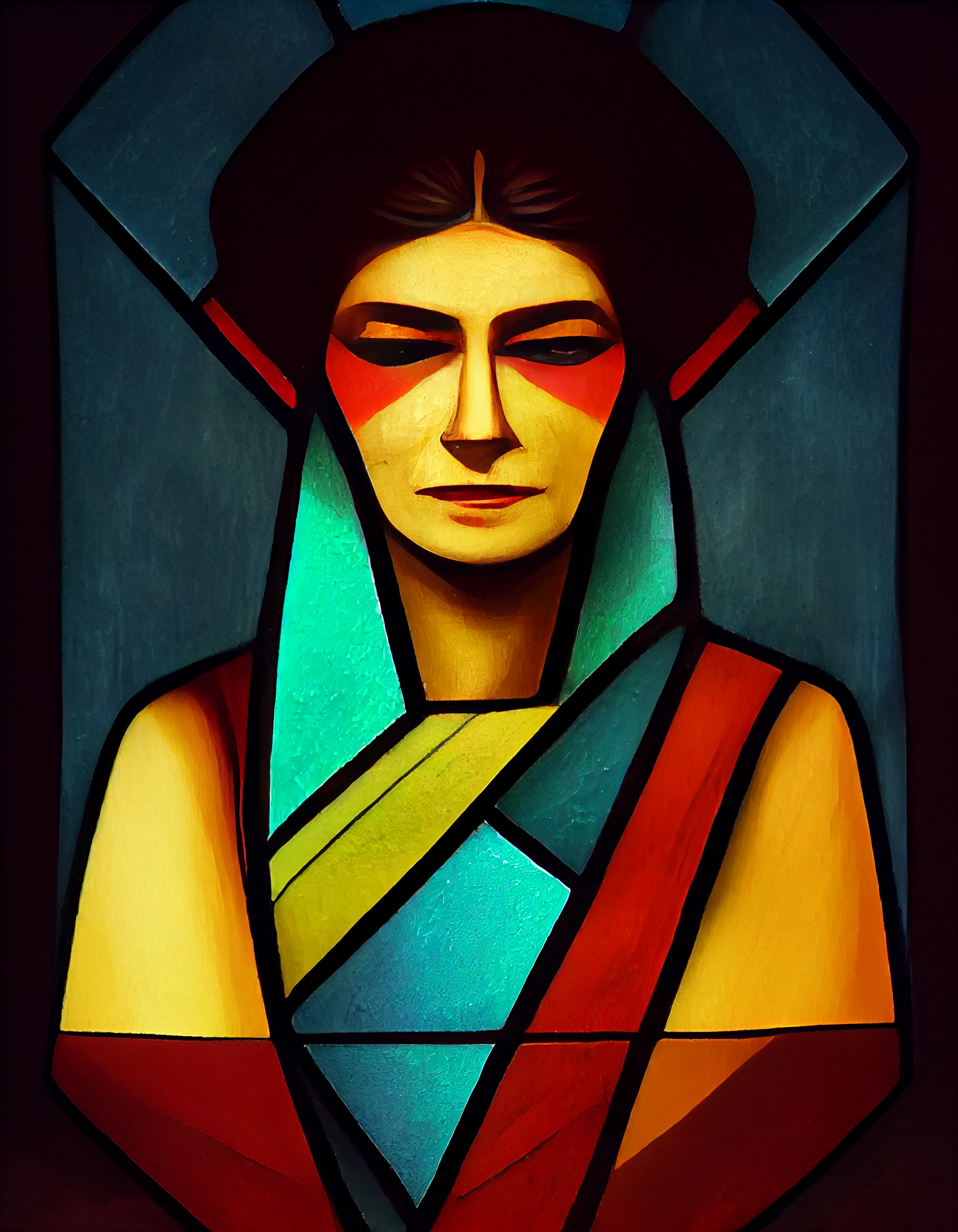 Stained Glass image of a feminine figure