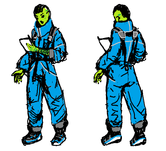 An illustration of the overalls worn by Penumbra's crew. The work suit is a vivid blue.
