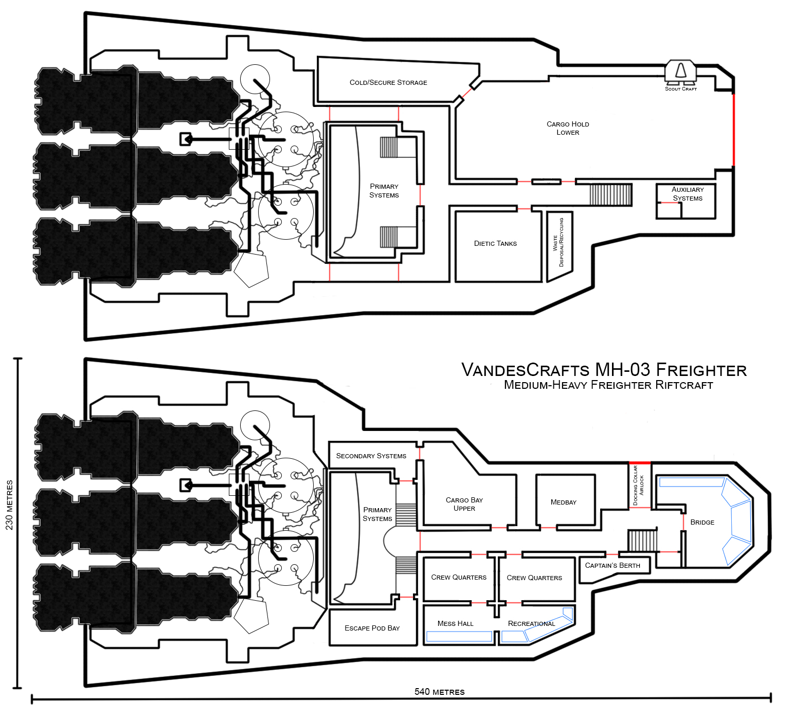 Deck plans for the VandesCrafts MH-03 Freighter spacecraft.