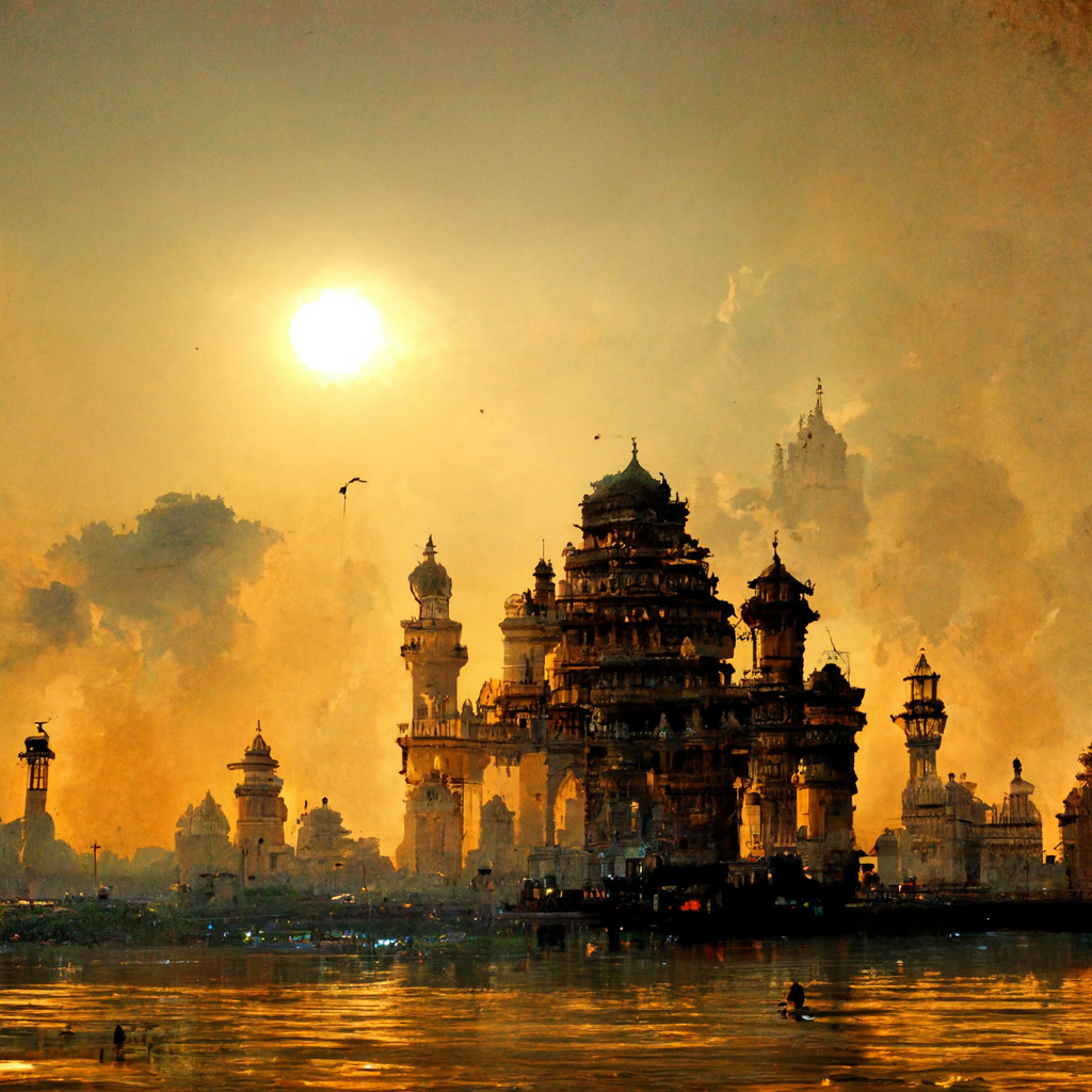 A cityscape with predominantly Indian-inspired architecture sits next to a river. The sun hangs overhead, casting a bright yellow glow.