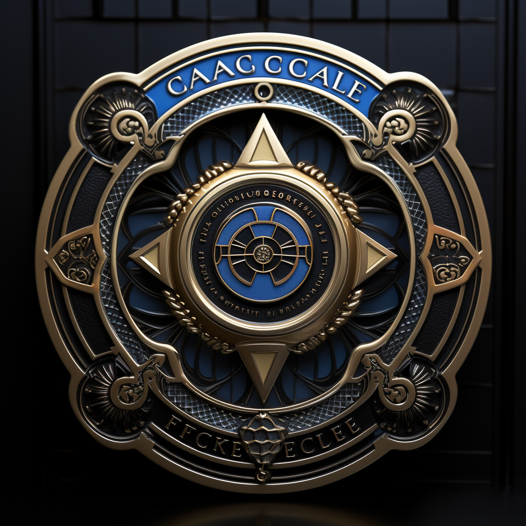 galactic regulatory enforcer badge - a gold shield with blue accents