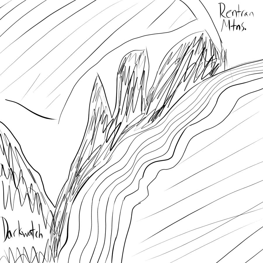 Ink drawing of a cutaway mountainside showing the downward flow of a river from the surface, labeled "Rentran Mountains," into a cavern labeled "Darkwatch."