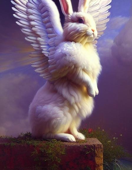 A white, winged rabbit sitting on its back legs on top of a stone wall