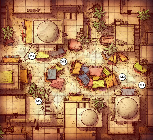 Encounter map of desert bazaar, labelled with location markers