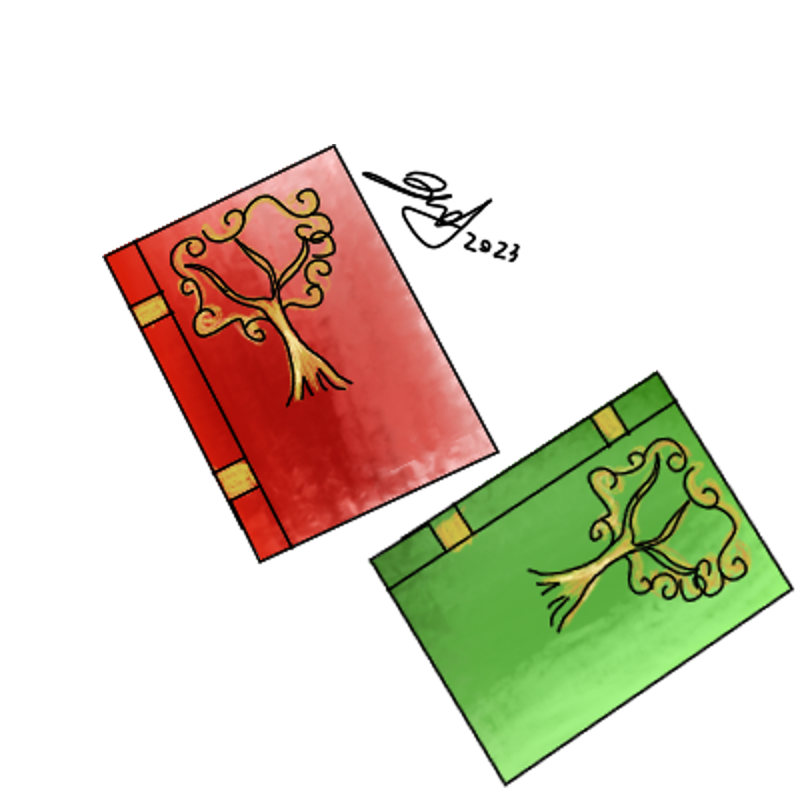 Illustration of two books with a tree embossed on the covers.