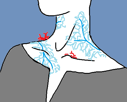 Illustration of a coral symbiont. Blue coral fans out over the neck, and red coral peeks out on the clavicle and on one shoulder.