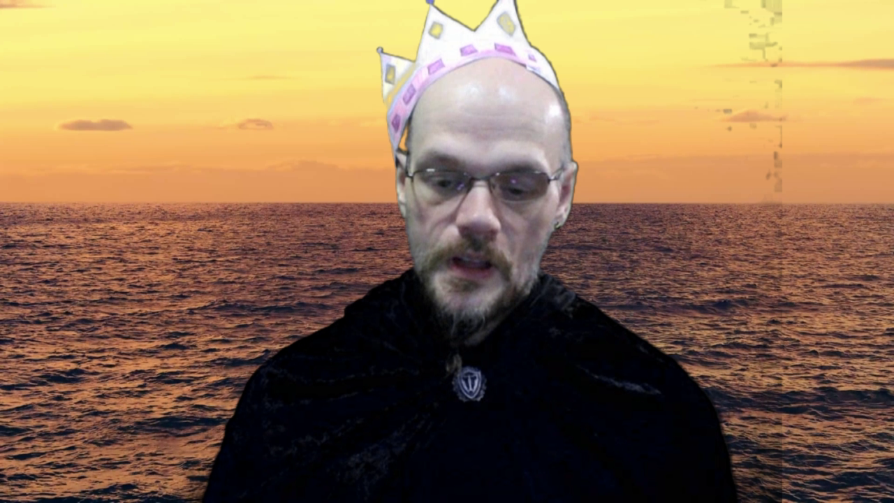 A sorrowful man in a paper crown and robe, against an ocean sunset background