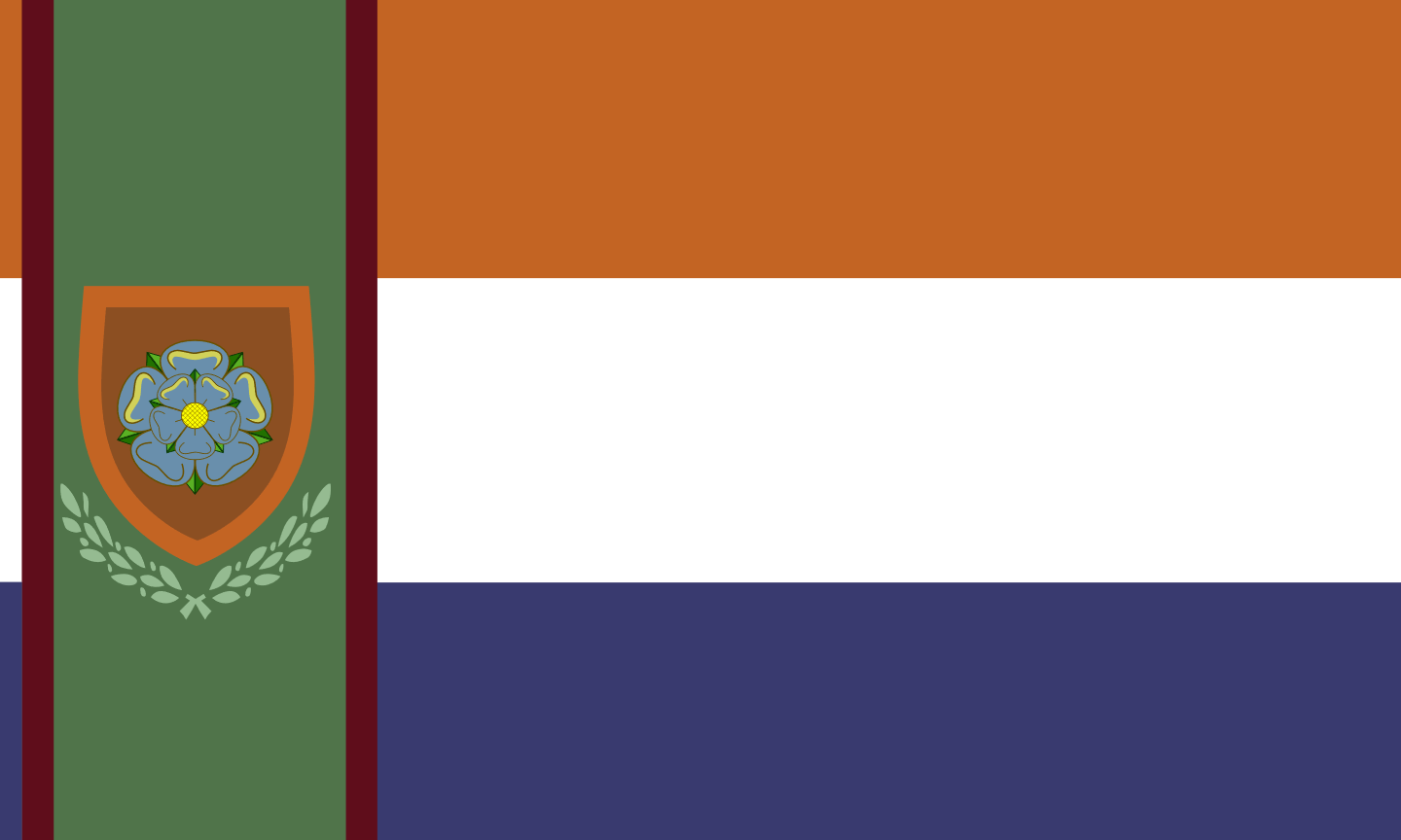 A flag with 3 horizontal stripes, the top one russet, the middle one white, and the bottom one a deep blue. A banner runs vertically from the left side of the image, green with a red border on either side and bearing a