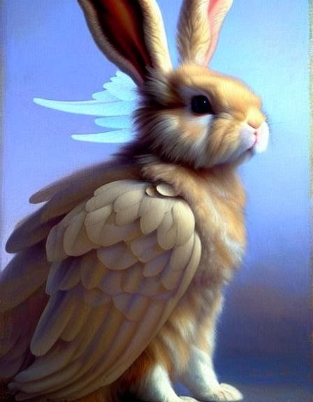An orange, winged rabbit with a light blue feathered crest