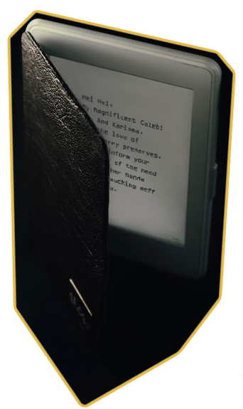 An ereader in shadow with words written on